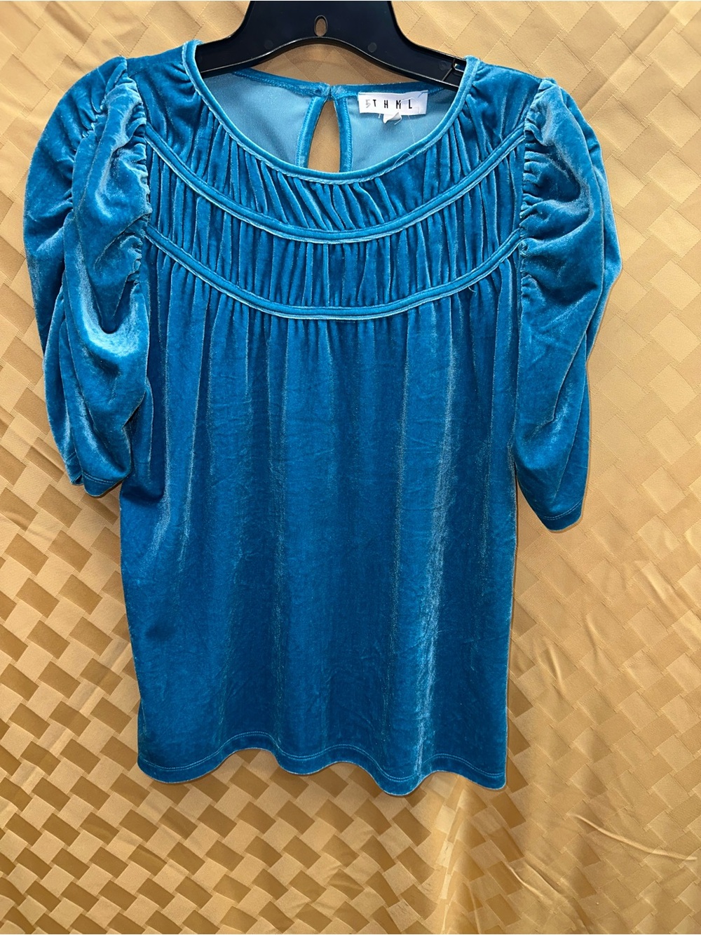 THML Teal Velvet Puff Sleeve Blouse